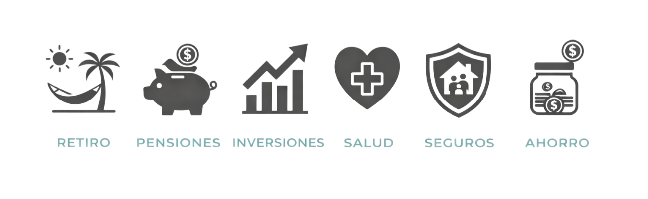 Iconos de servicios: Retiro, Pensiones, Inversiones, Salud, Seguros, Ahorro